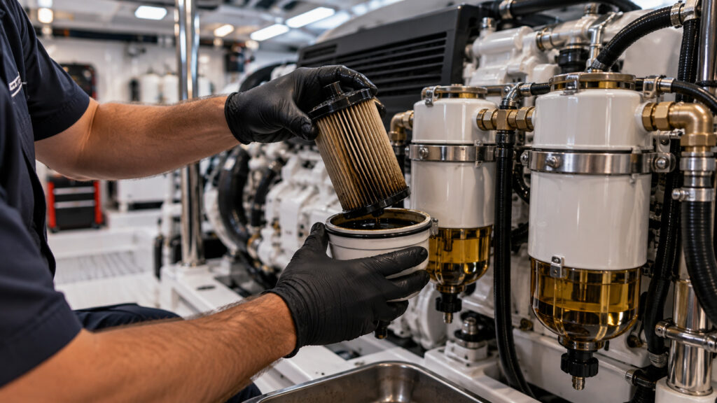 Yacht fuel filter maintenance during marine engine servicing