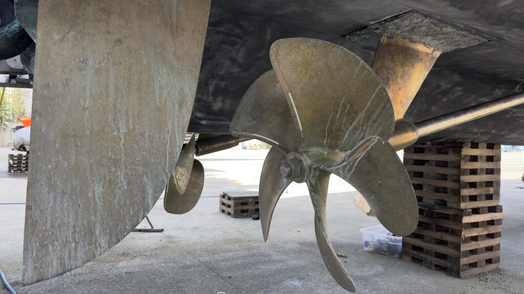 yacht propeller and rudder during dry dock inspection in Cyprus