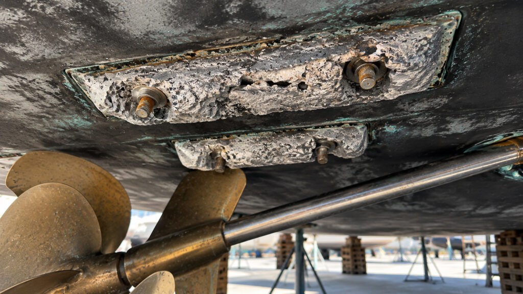 worn yacht sacrificial anodes inspected during haul-out in Cyprus
