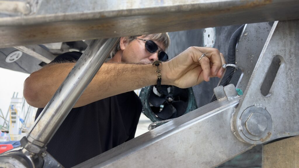 Loy Yacht Services technician inspecting yacht equipment during haul-out in Cyprus