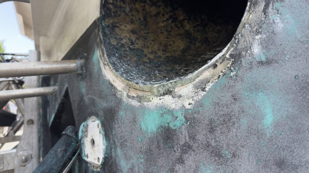 yacht thruster tunnel and surrounding hull inspected during haul-out